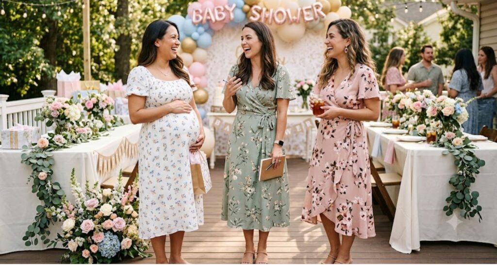 Three women in floral dresses at a baby shower — guest, host, and mom-to-be in coordinated floral baby shower looks