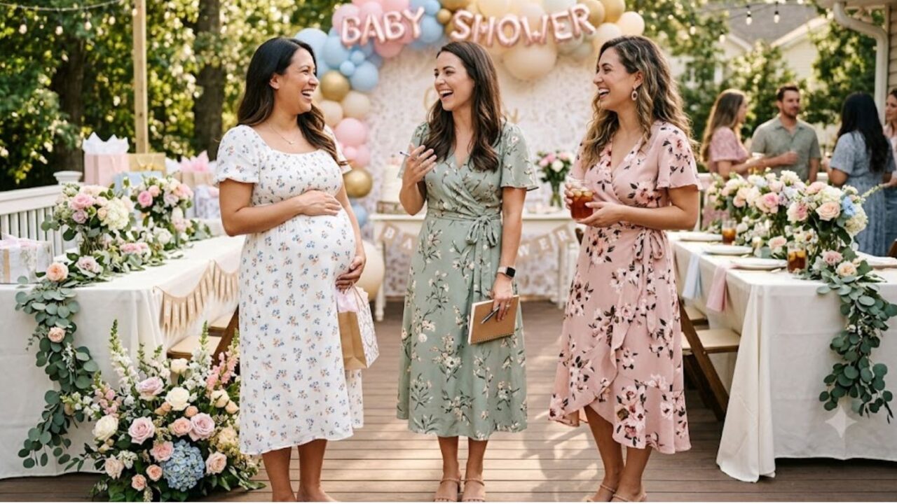 Three women in floral dresses at a baby shower — guest, host, and mom-to-be in coordinated floral baby shower looks