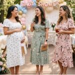 Three women in floral dresses at a baby shower — guest, host, and mom-to-be in coordinated floral baby shower looks