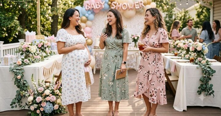 Three women in floral dresses at a baby shower — guest, host, and mom-to-be in coordinated floral baby shower looks