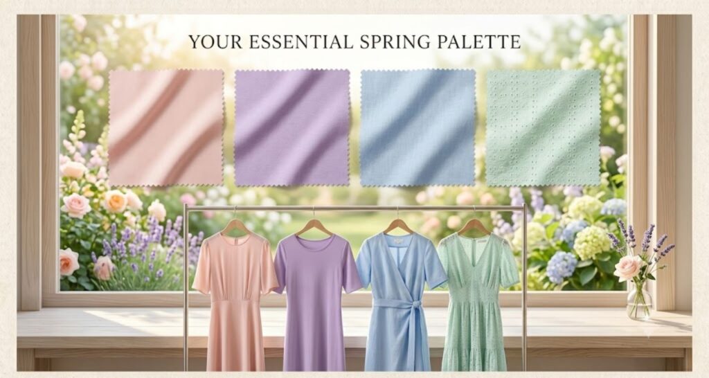 Pastel midi dresses for spring baby shower — blush, lavender, powder blue, and mint color options
