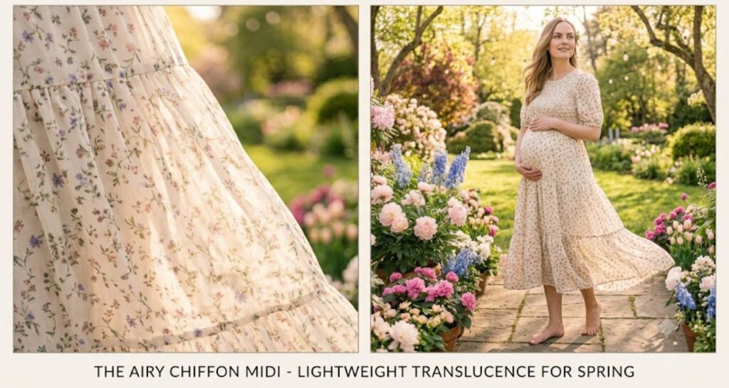 Chiffon floral midi dress for spring baby shower — lightweight fabric catching natural outdoor sunlight
