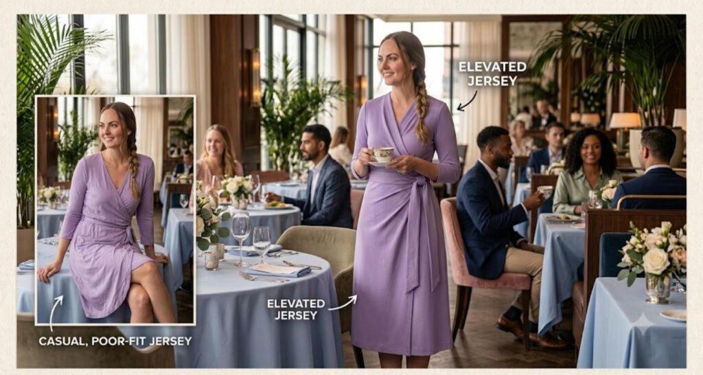 Jersey wrap midi dress for spring baby shower — high-quality knit in spring color styled with gold jewelry
