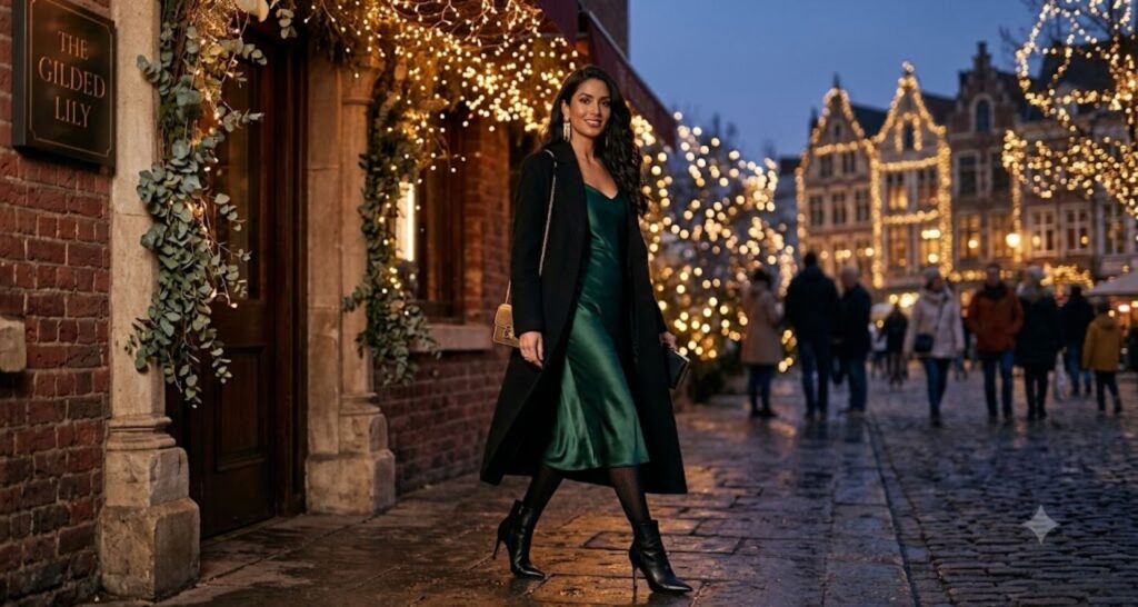 Emerald satin midi dress styled with heeled boots and a long coat for a winter party