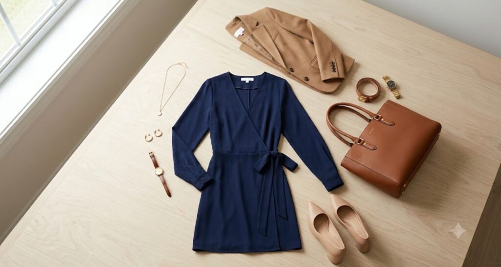 complete business casual midi dress outfit flat lay with blazer shoes belt and gold accessories