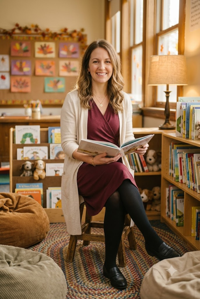Teacher in burgundy wrap dress, black tights, and cream cardigan reading to class