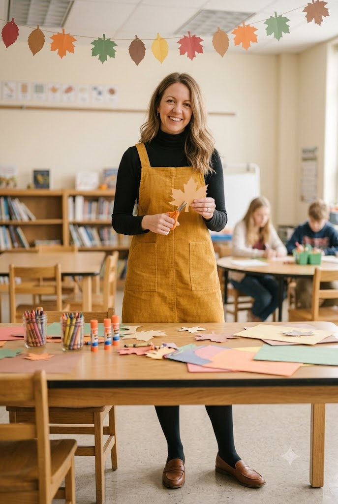 Mustard corduroy pinafore over black turtleneck for elementary teacher fall look