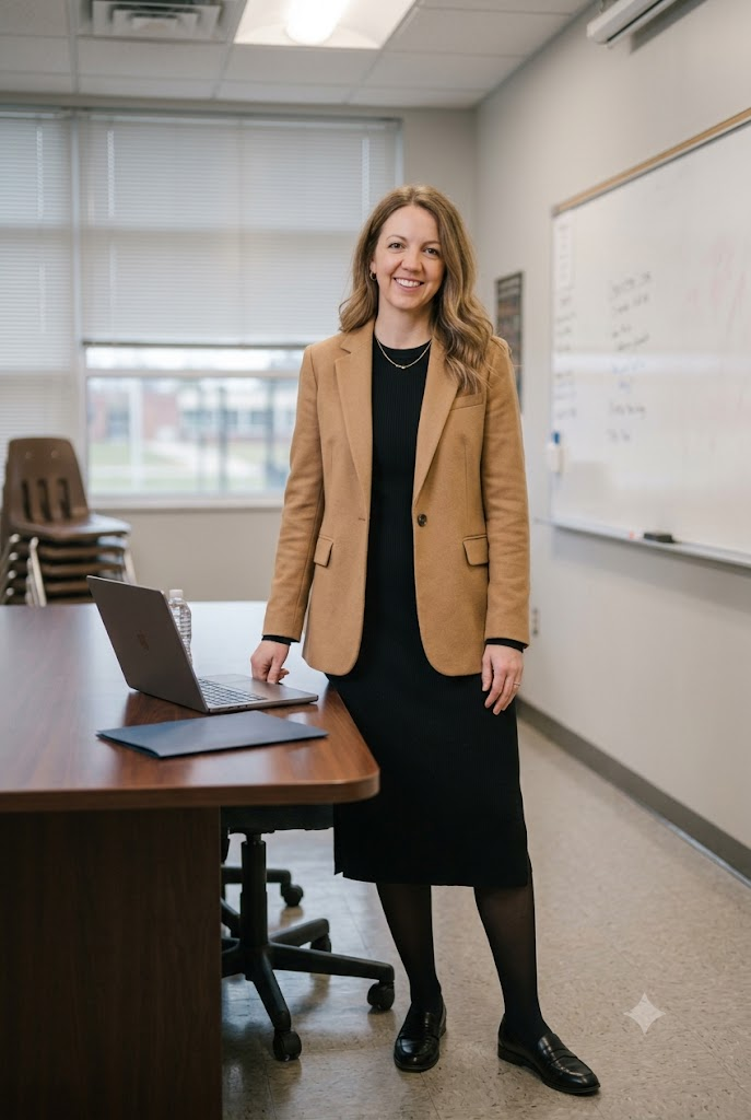 Black knit midi dress with camel blazer – professional teacher outfit for observations