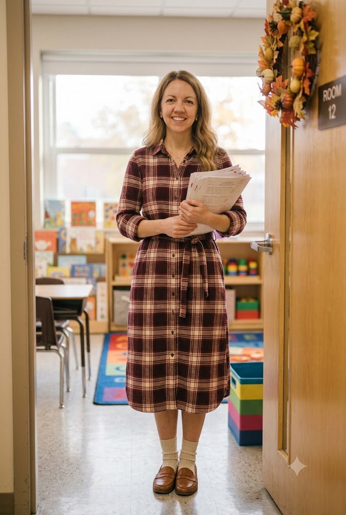 Plaid flannel shirt dress with crew socks and loafers – October teacher outfit