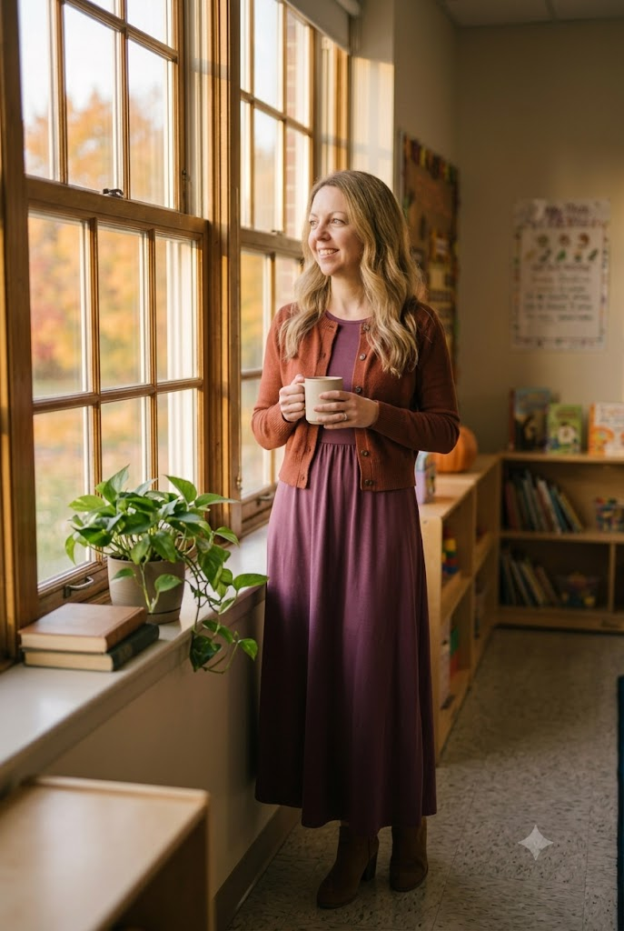Plum maxi dress with cropped rust cardigan and suede booties for teachers