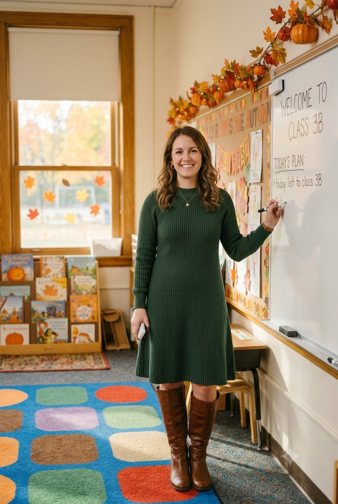 Teacher wearing forest green sweater dress with knee-high boots at whiteboard