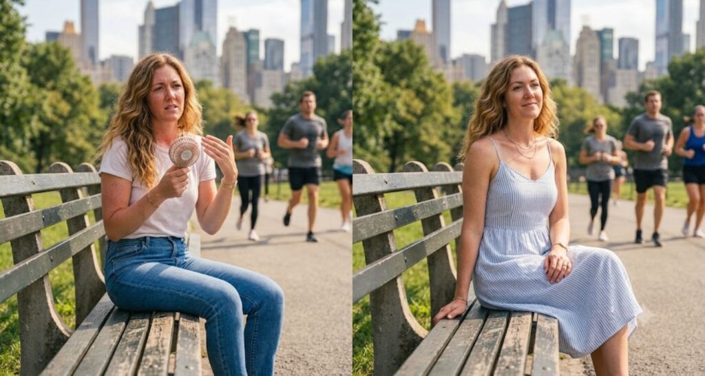 Side-by-side comparison of wearing jeans versus a summer dress on a hot day