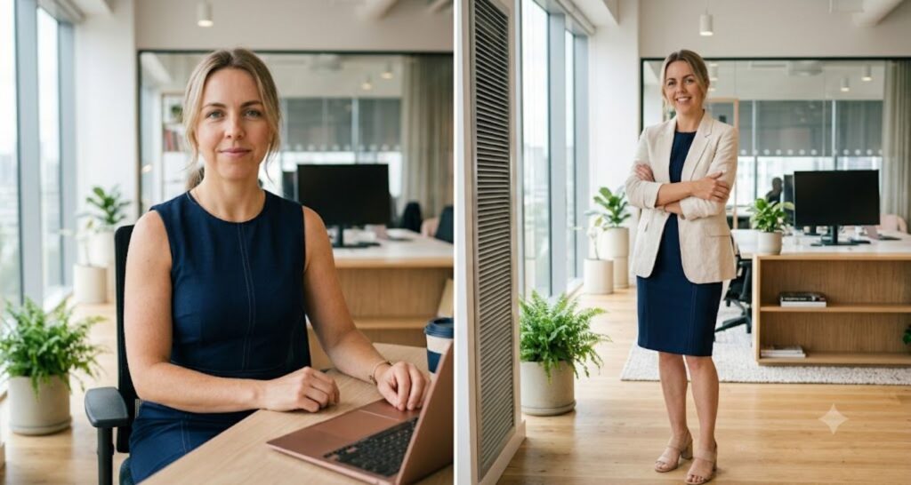 woman layering linen blazer over sleeveless dress to handle office air conditioning
