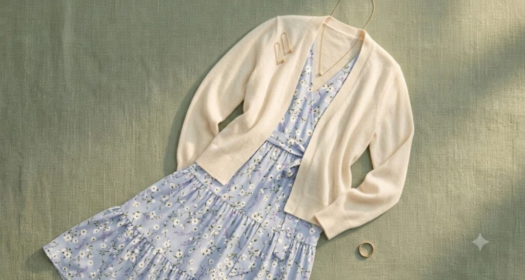 light cardigan layered over floral midi