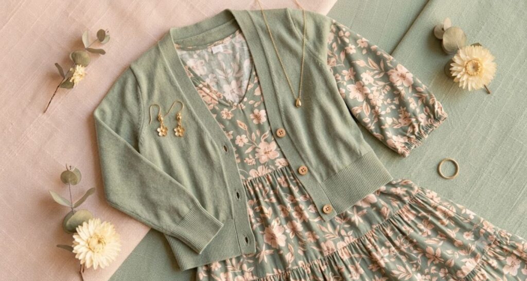 Light cardigan layered over floral midi dress