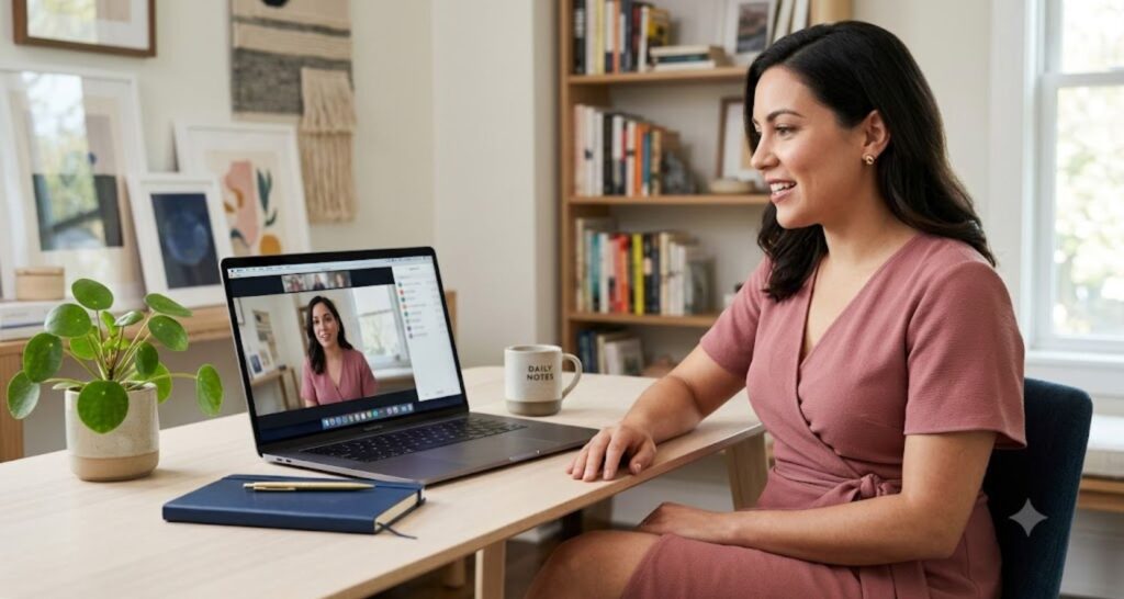 woman in dusty rose midi wrap dress for business casual video call at office desk