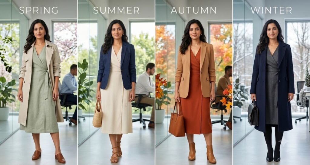 midi dress styled four ways for spring summer autumn and winter
