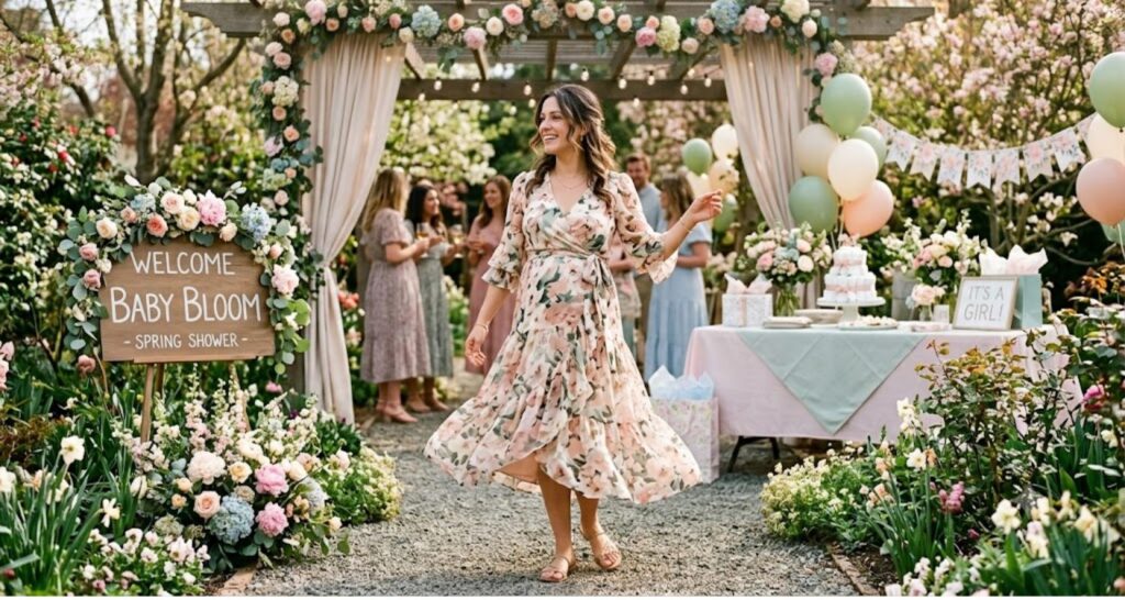Floral chiffon wrap midi dress for baby shower spring — woman in garden venue with soft pastel decor