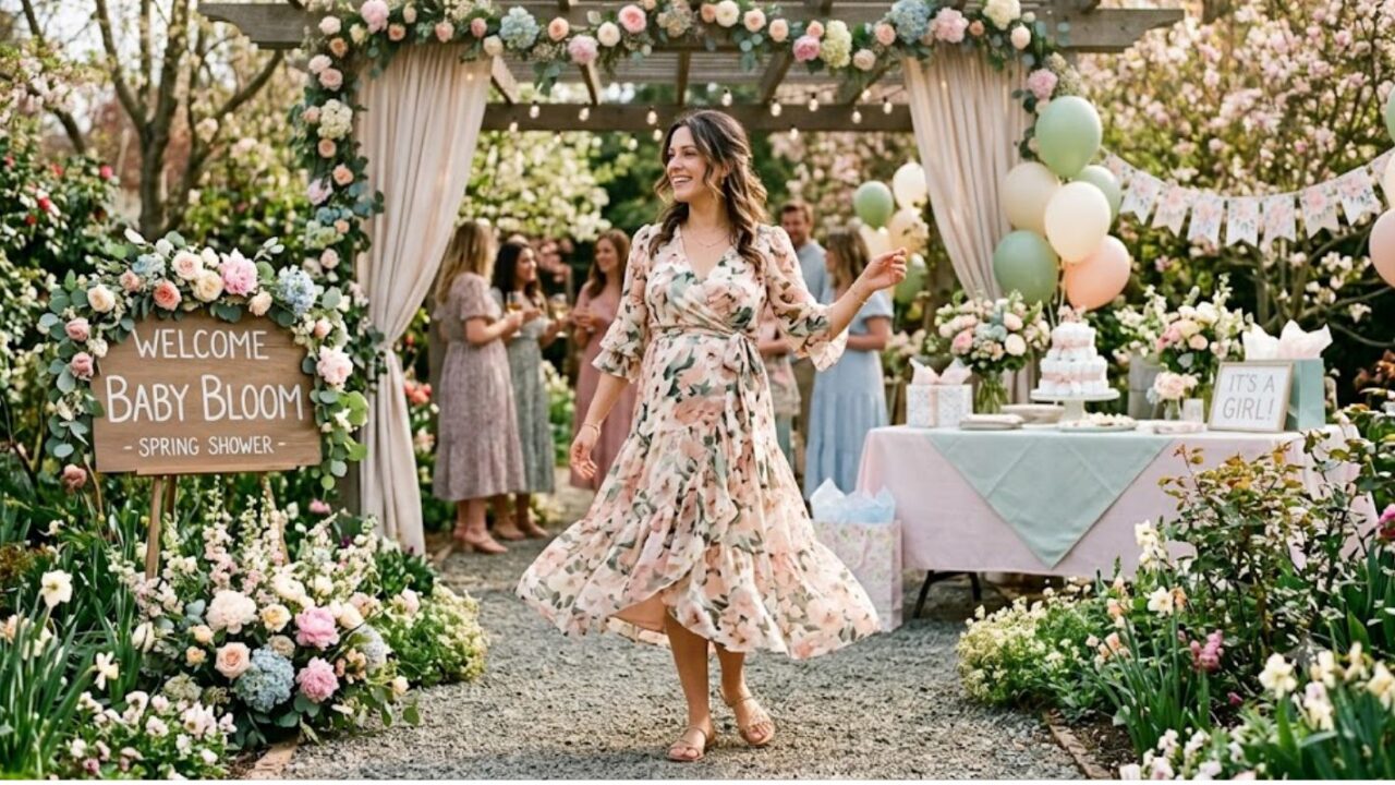 Floral chiffon wrap midi dress for baby shower spring — woman in garden venue with soft pastel decor