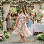 Floral chiffon wrap midi dress for baby shower spring — woman in garden venue with soft pastel decor