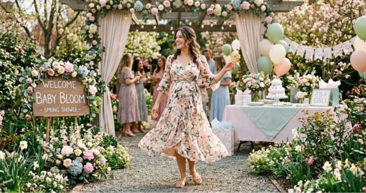 Floral chiffon wrap midi dress for baby shower spring — woman in garden venue with soft pastel decor