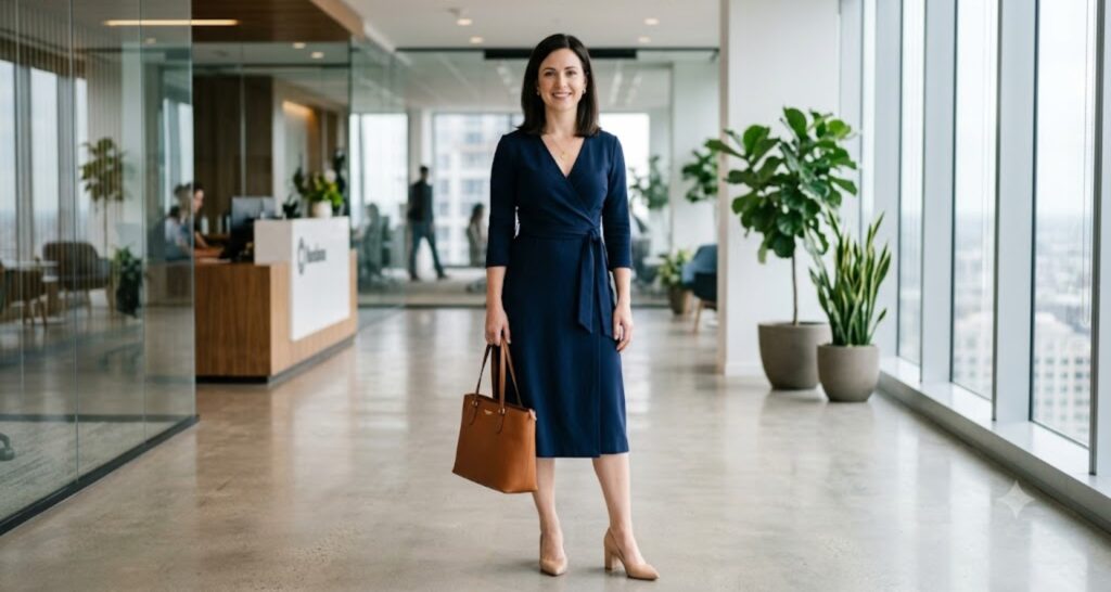 woman wearing navy crepe wrap midi dress for business casual office