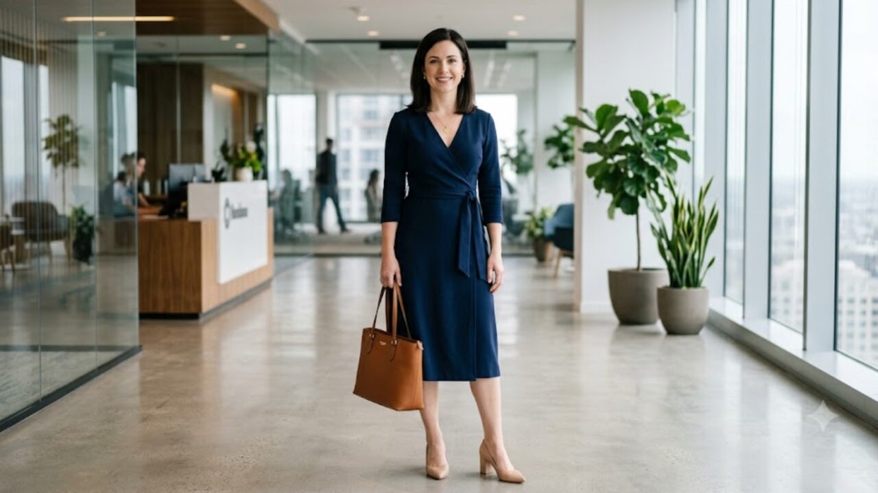 woman wearing navy crepe wrap midi dress for business casual office