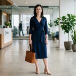 woman wearing navy crepe wrap midi dress for business casual office