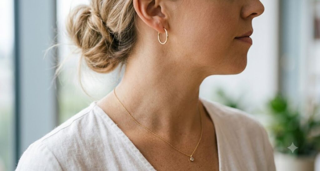 minimal gold jewelry small hoops and delicate necklace for casual office summer dress
