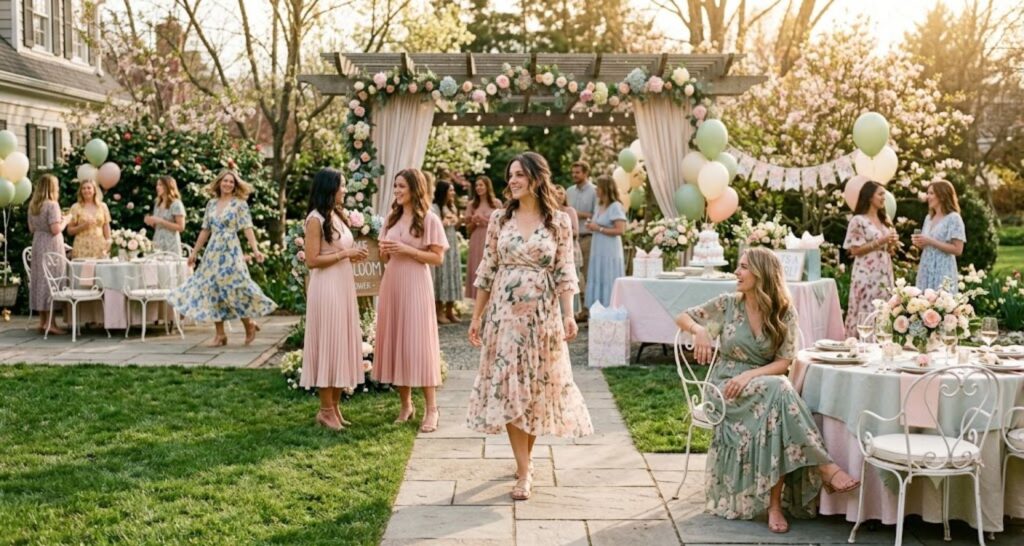 Guests in spring midi dresses at outdoor baby shower — seated and standing in garden venue with warm natural light

