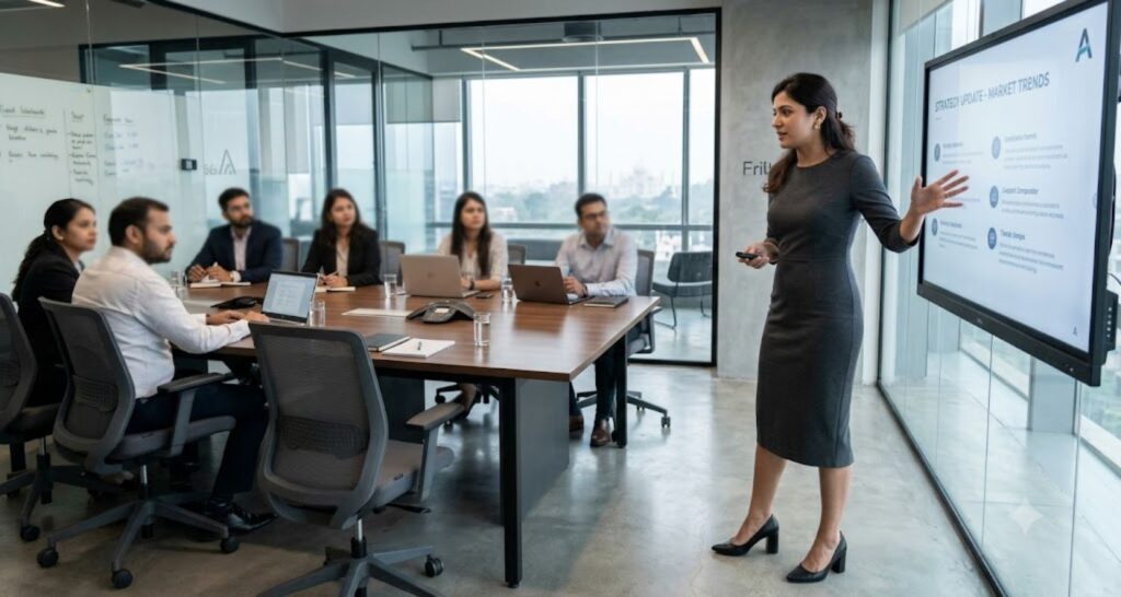 woman in charcoal ponte pencil midi dress presenting in business casual corporate meeting