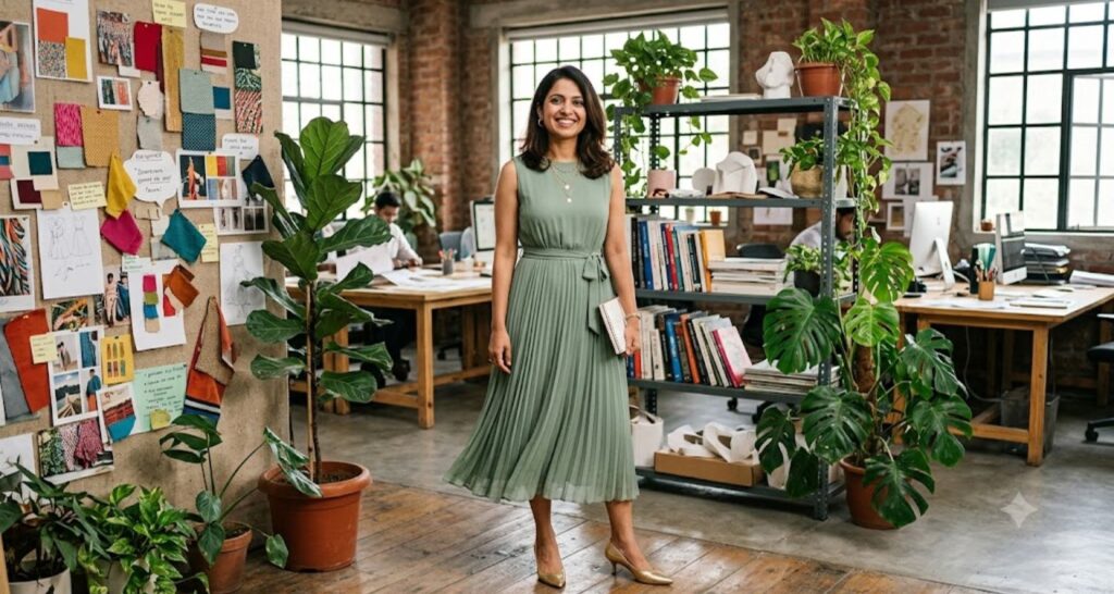 woman in sage green pleated midi dress for business casual creative professional office