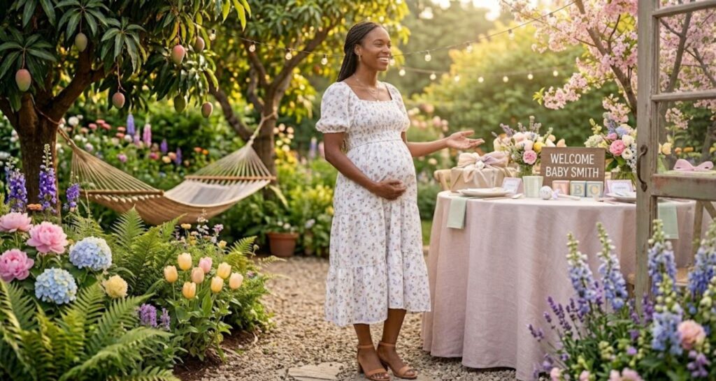 Spring baby shower host in sage wrap midi dress
