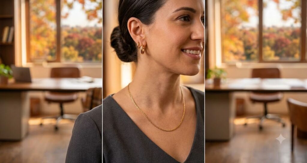 minimal gold hoop earrings and chain necklace for business