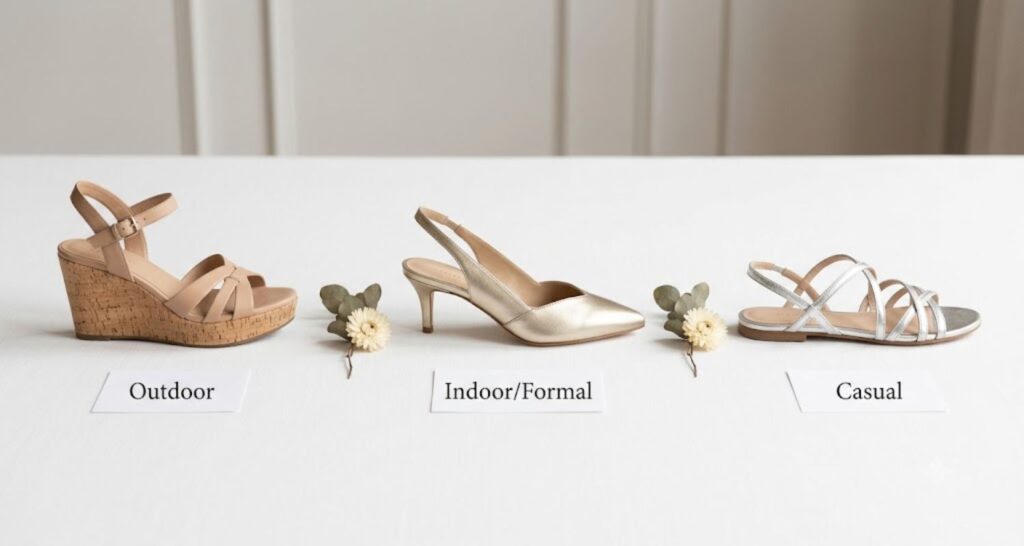 Best shoes — wedge sandal, kitten heel, and flat sandal options in a row
