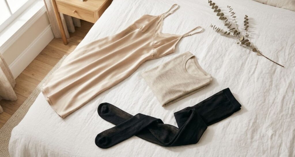 Satin slip, merino base layer, and fleece tights laid out as winter dress base layers