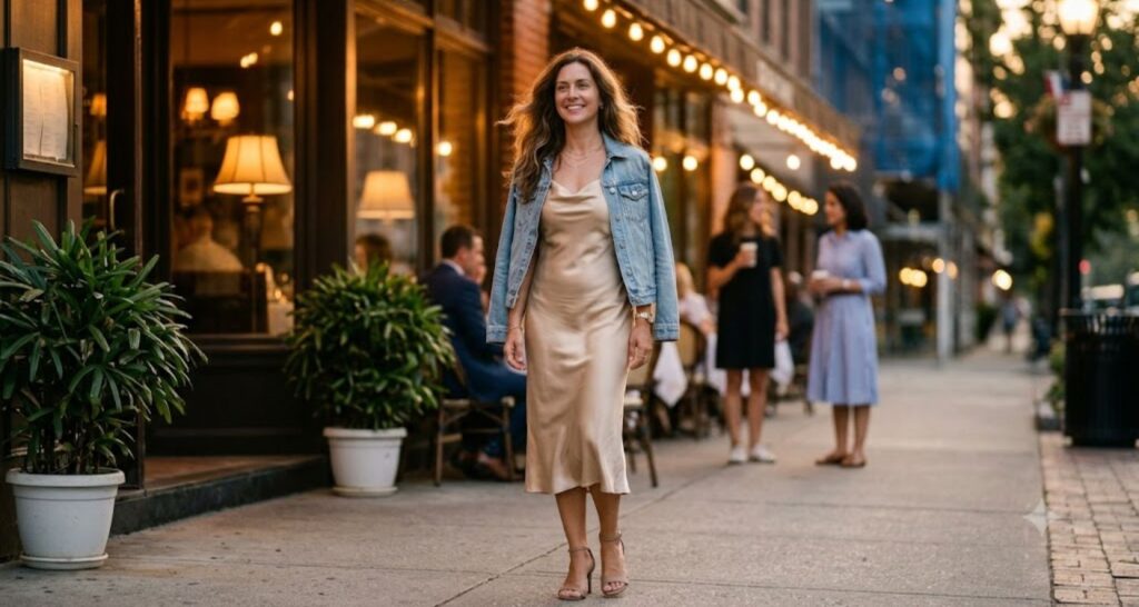 Woman wearing a satin slip dress with a denim jacket for a summer date night