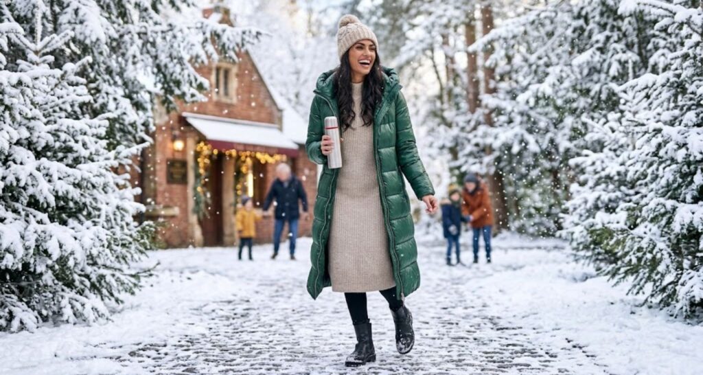 Snow-day outfit with a knit midi dress, leggings, lug-sole boots, and puffer coat