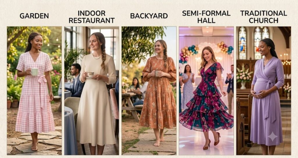 Spring baby shower dress by venue — garden, indoor brunch, backyard, restaurant, and traditional hall
