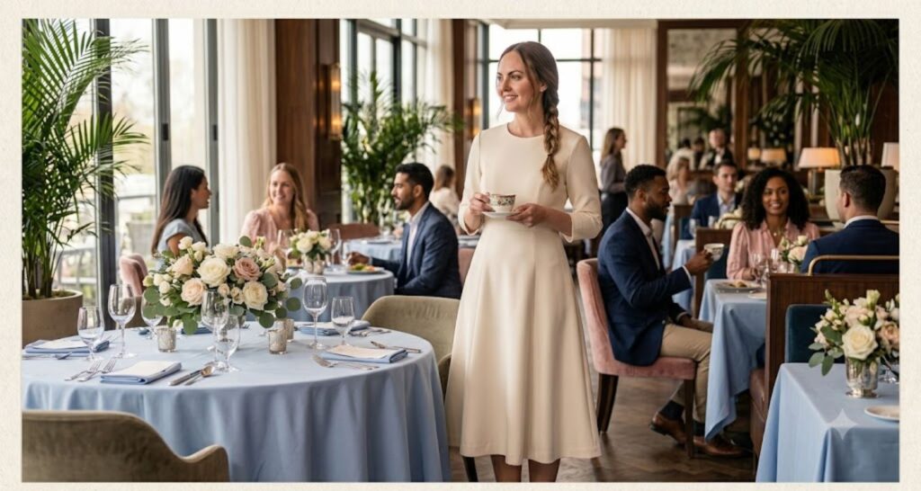 Crepe midi dress for spring baby shower brunch — smooth matte fabric in pastel solid at indoor venue

