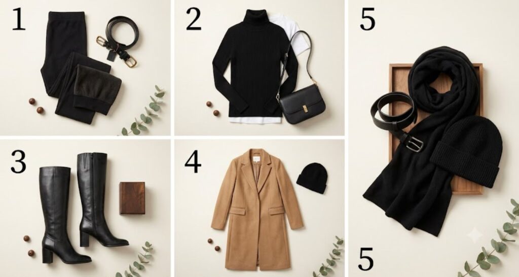 Five essential pieces for styling a midi dress in winter: tights, turtleneck, boots, coat, and belt