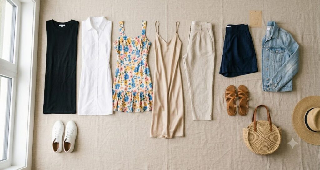 Seven-piece summer capsule wardrobe flat lay replacing jeans with dresses, linen pants and shorts