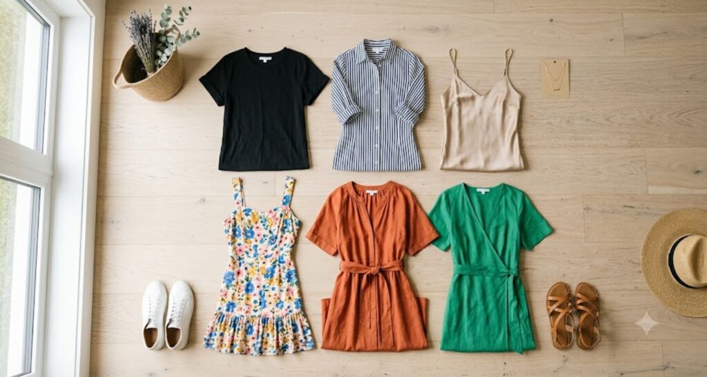 Six summer dress styles to wear instead of jeans laid out flat, including t-shirt, shirt, slip, sun, maxi and wrap dresses