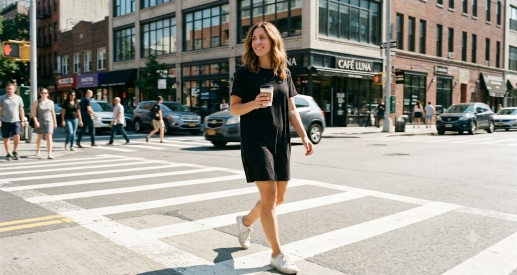 Woman wearing a black t-shirt dress with white sneakers as a casual jeans replacement
