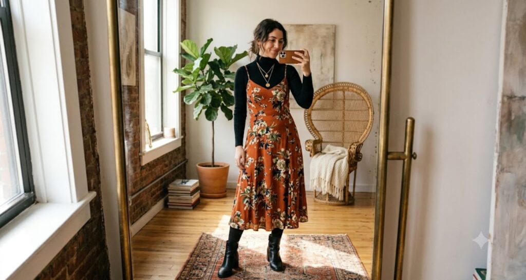 Woman wearing a black turtleneck layered under a floral midi dress for winter
