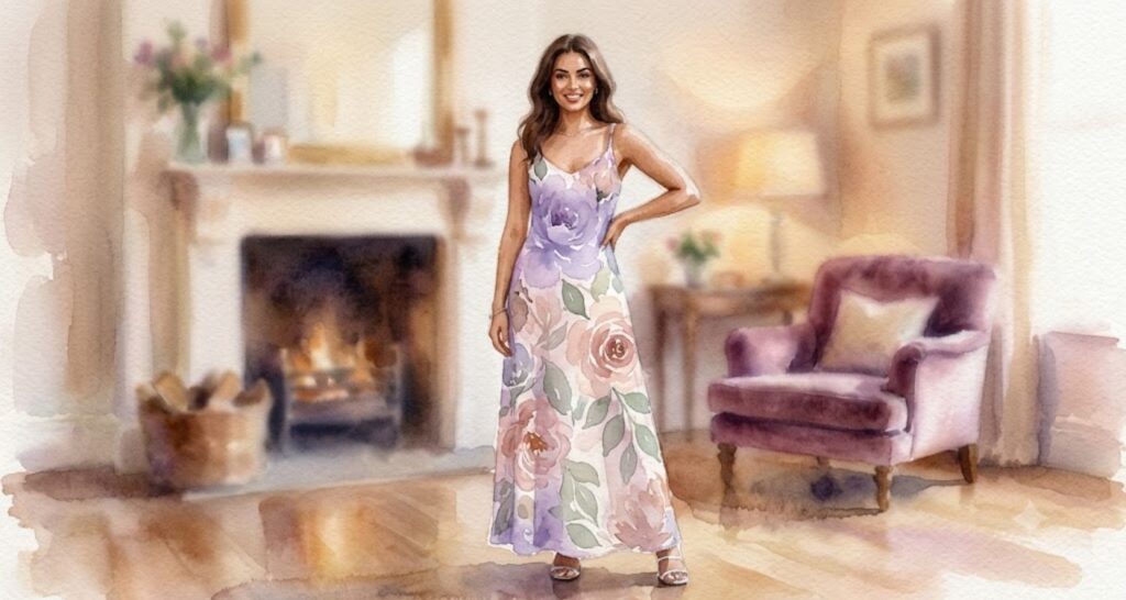 Soft watercolor floral dress for baby shower — painterly blush and lavender print in warm indoor light
