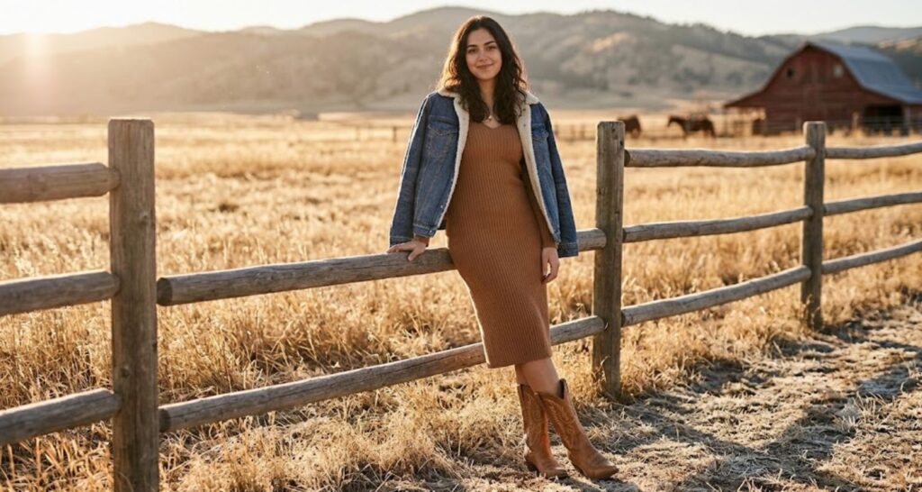 Tan western boots paired with a caramel knit midi dress on a winter afternoon