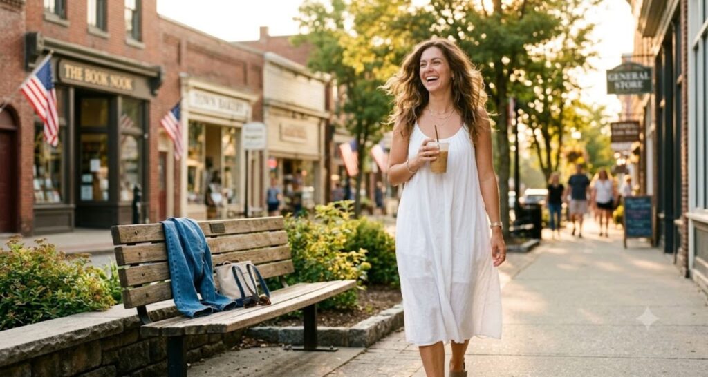 Woman wearing a white summer dress instead of jeans on a hot day, folded jeans left on a bench