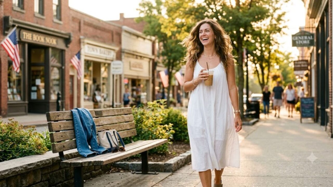 Woman wearing a white summer dress instead of jeans on a hot day, folded jeans left on a bench