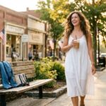 Woman wearing a white summer dress instead of jeans on a hot day, folded jeans left on a bench
